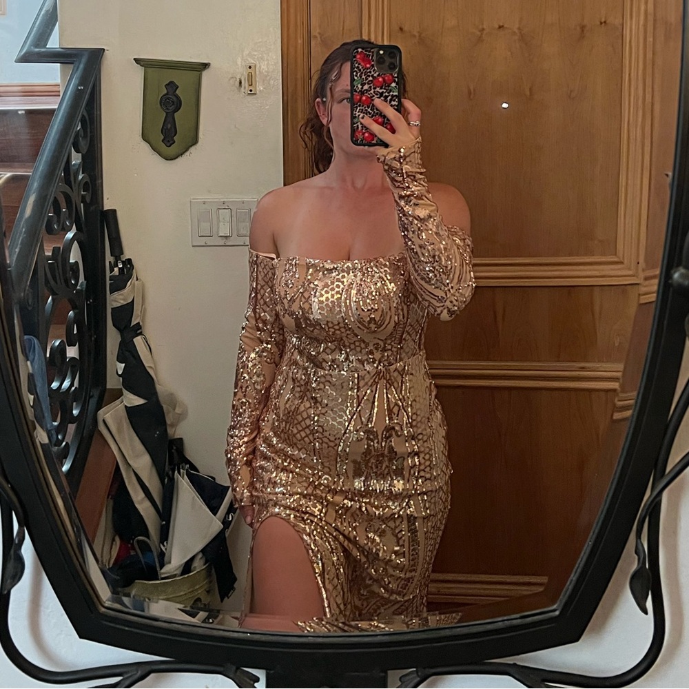 Windsor Gold Sequin Off-Shoulder Prom Dress